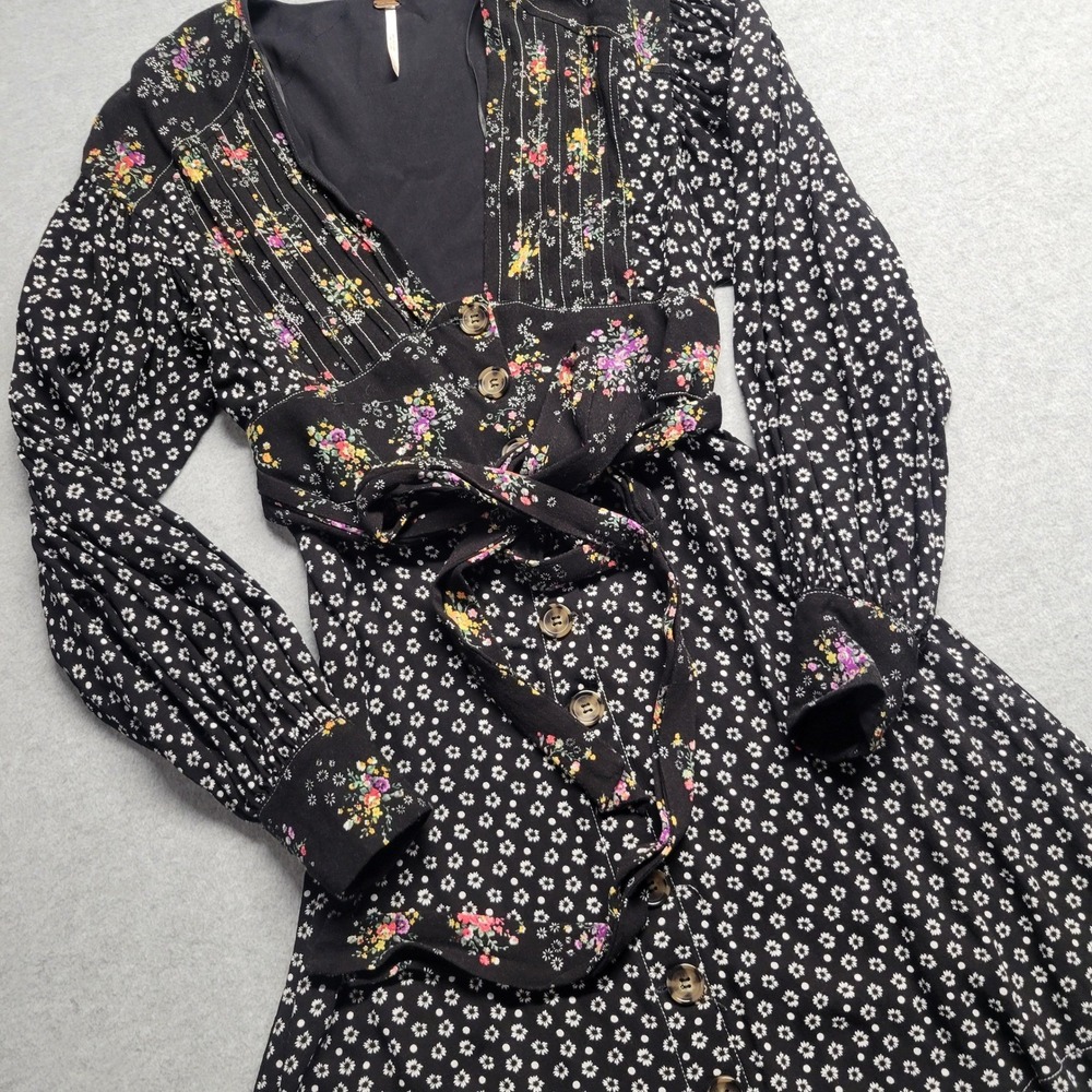 Free People Wonderland Mixed Floral Button Front Mini Dress Black Long Sleeve XS - Picture 2 of 11